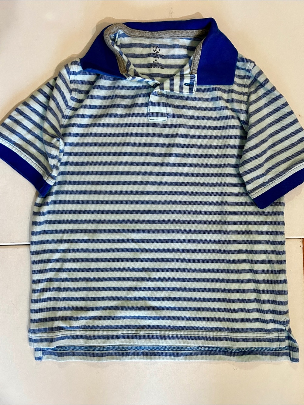 Lands' End Blue & White Striped Polo | Boys Medium 10/12 | Short Sleeves